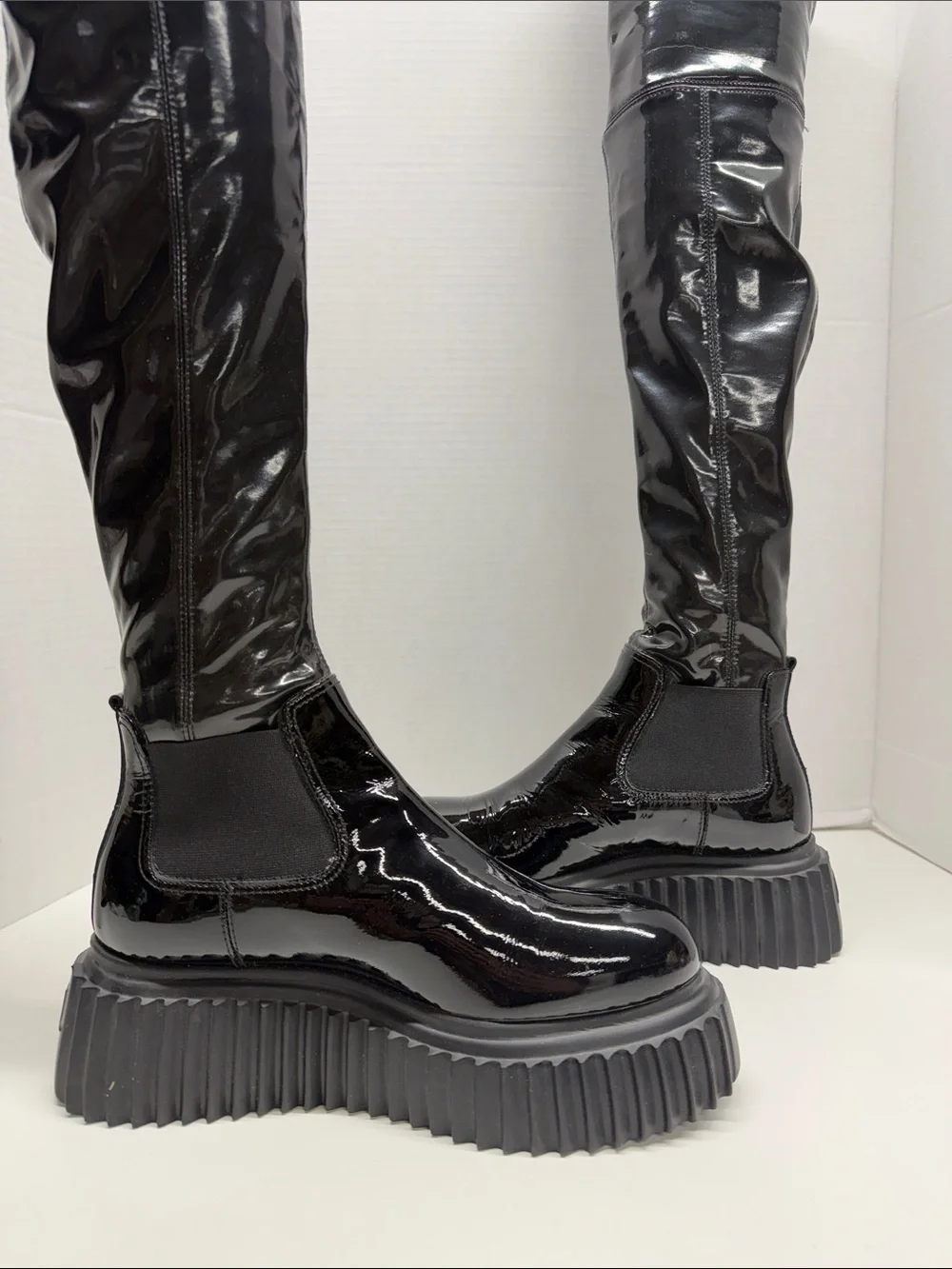 AGL Over The Knee Boots Tall Pull On Patent Shiny Leather Stretch Black Size 6.5